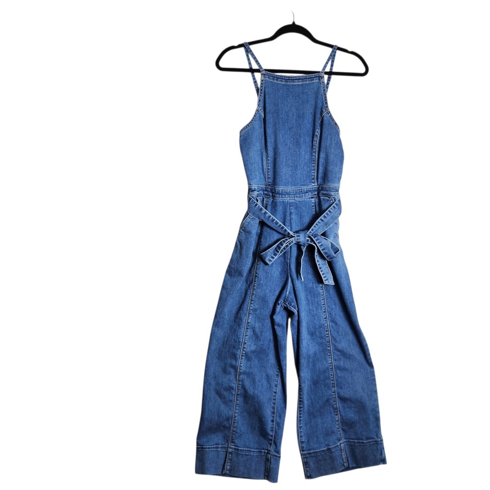 Hollister Denim Jumpsuit Medium Wash Smocked Back Wide Leg Tie Waist Blue Size M
